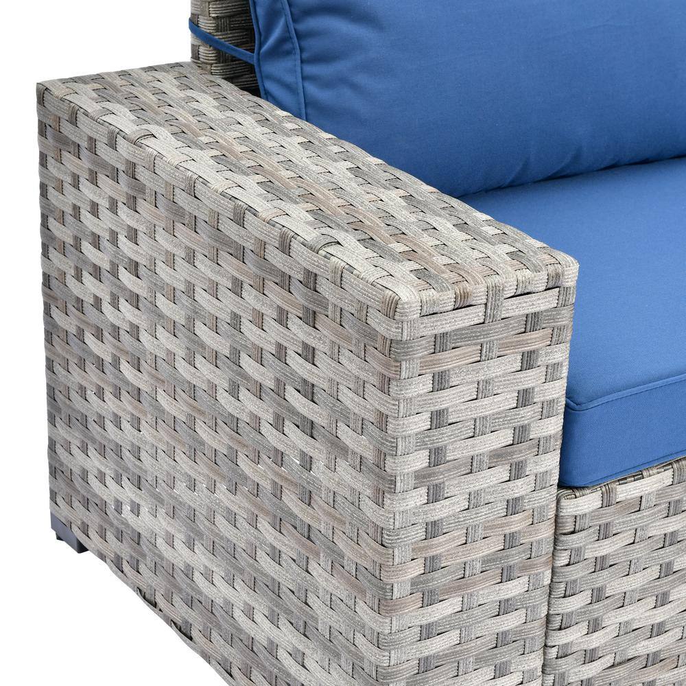 OVIOS Marvel Gray 6-Piece Wicker Wide Arm Patio Conversation Set with Navy Blue Cushions