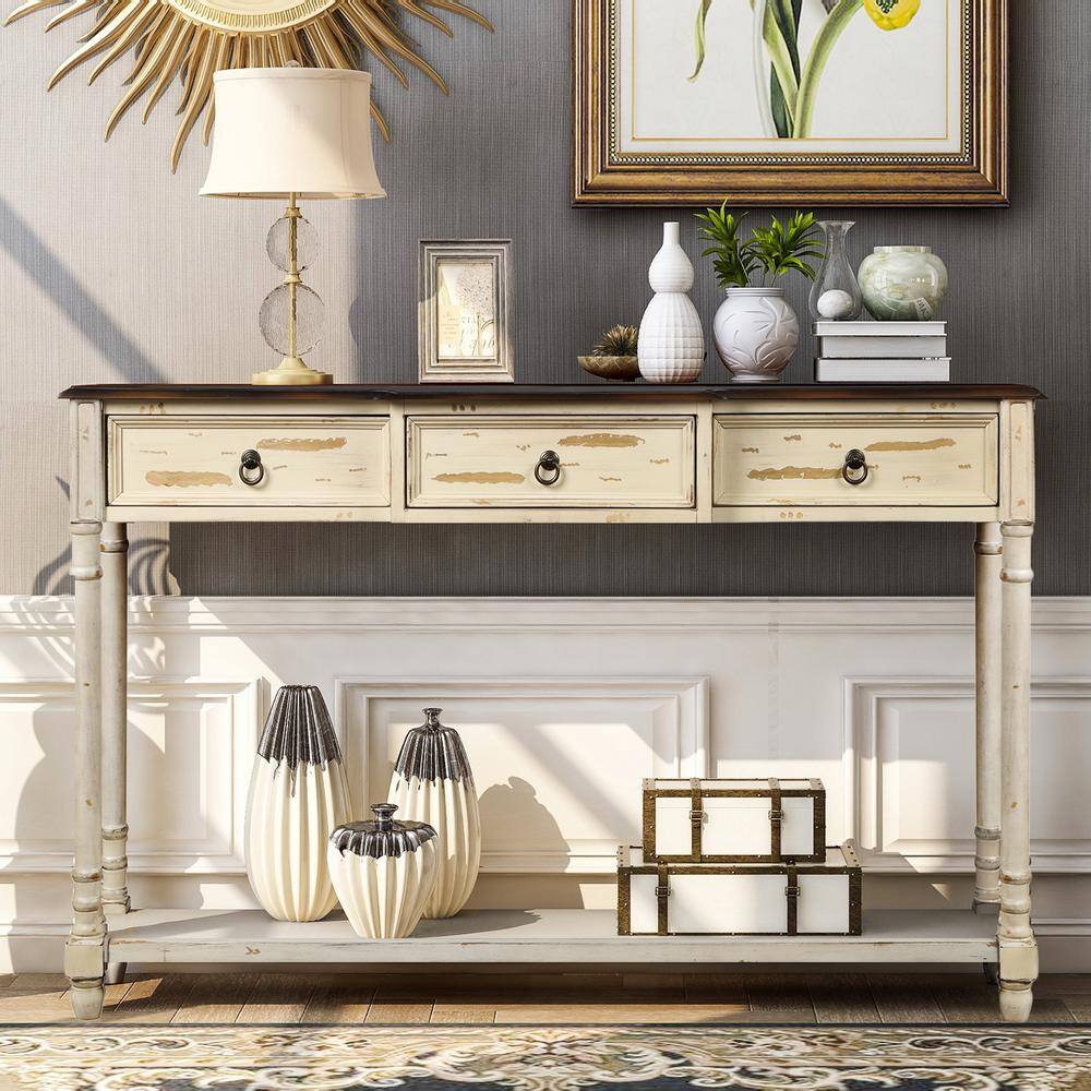 Harper & Bright Designs 52 in. Beige Standard Rectangle Wood Console Table with 3-Drawers