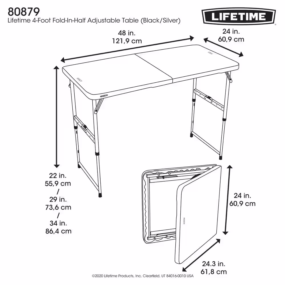 Lifetime 4 ft. One Hand Adjustable Height Fold-in-Half Table; Black