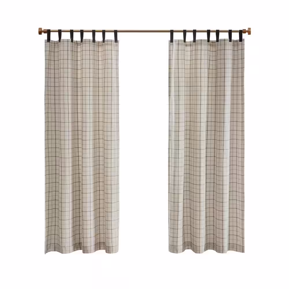 Madison Park Salford Natural Plaid Faux Leather 50 in. W x 84 in. L Tab Top Curtain with Fleece Lining