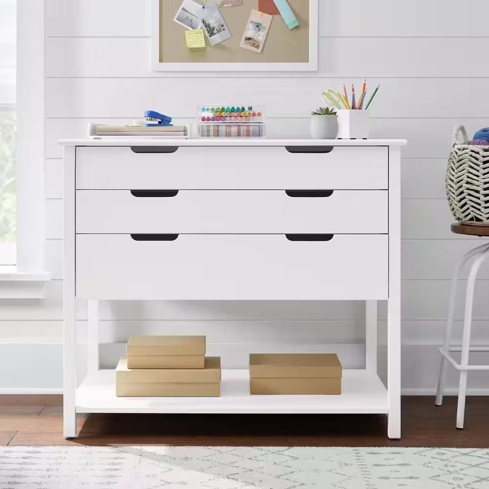 StyleWell Craft 42 in. White 3-Drawers Table with Shelf