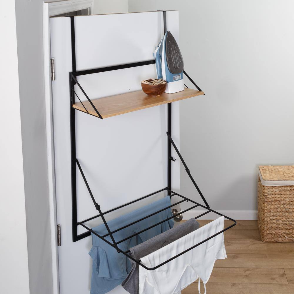 Honey-Can-Do 31 in. H x 24 in. W x 20 in. D Wall Mounted Drying Rack with Shelf in Black/Natural
