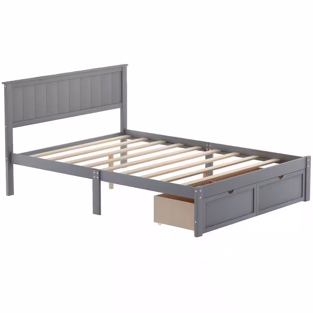 ANBAZAR Gray Wood Full Size Bed Frame with Headboard, Full Bed Frame with Storage Drawers, Platform Bed Frame Full Size