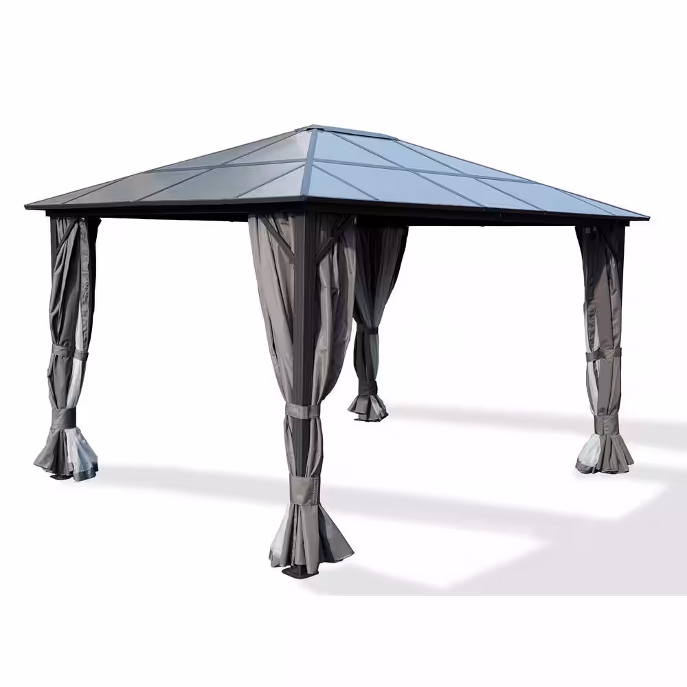 KOZYARD Edward 10 ft. x 8.6 ft. x 12 ft. Polycarbonate Transparent Roof Gazebo with Mosquito Net and Privacy Sidewall