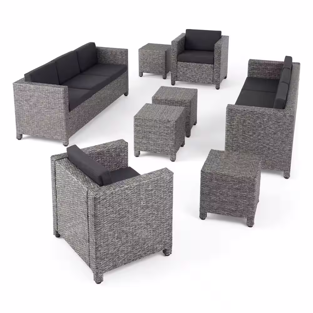 Noble House Puerta Mixed Black 8-Piece Metal Patio Conversation Seating Set with Dark Grey Cushions