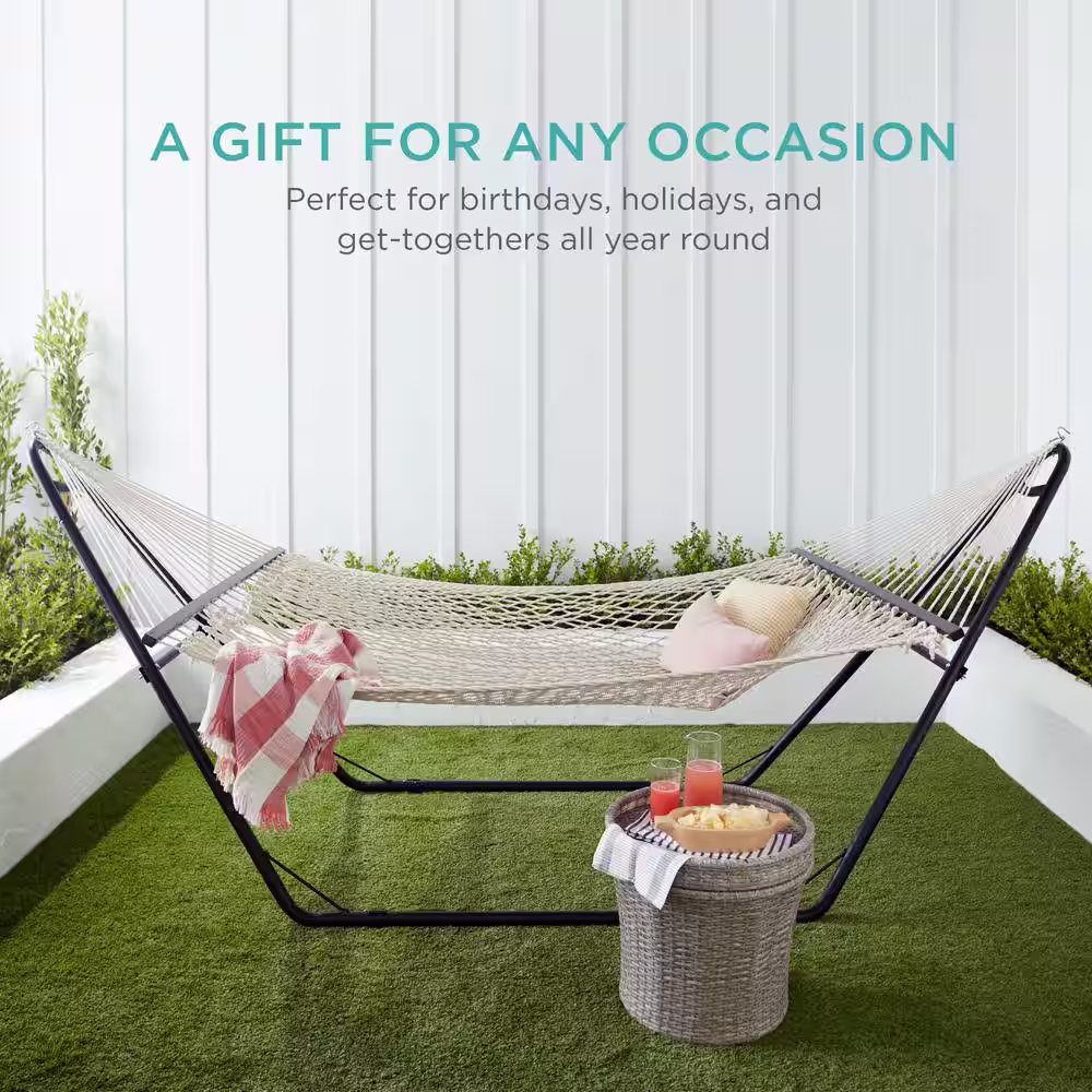 Best Choice Products 2-Person 11 ft. Woven Cotton Rope Double Hammock Bed w/Spreader Bars, Carrying Case - Off-White