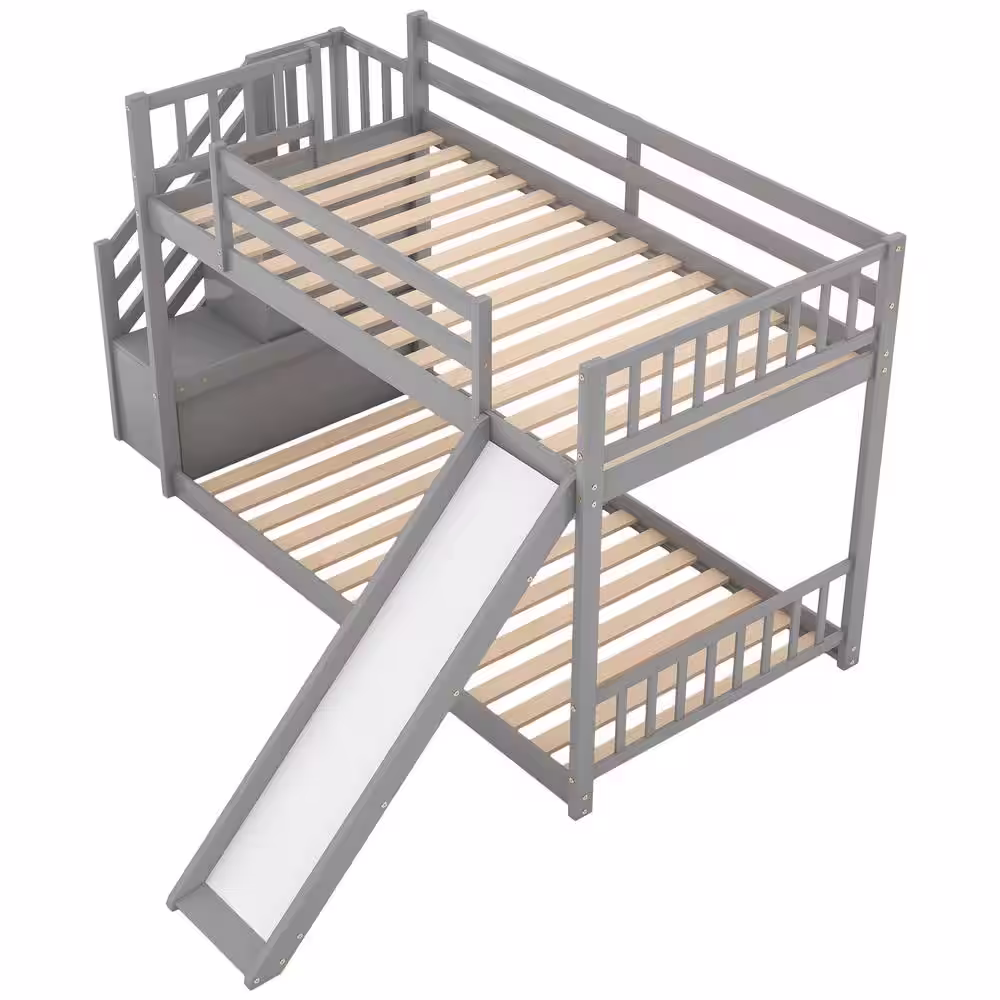 Harper & Bright Designs Gray Twin Over Twin Bunk Bed Daybed with Slide and Stairway