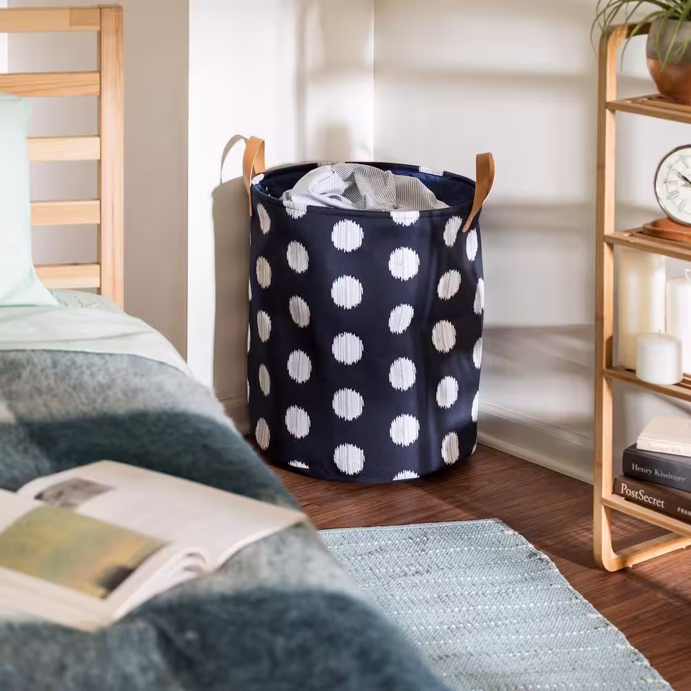 Honey-Can-Do Coastal Collection Navy and Grey Dot Canvas Laundry Basket