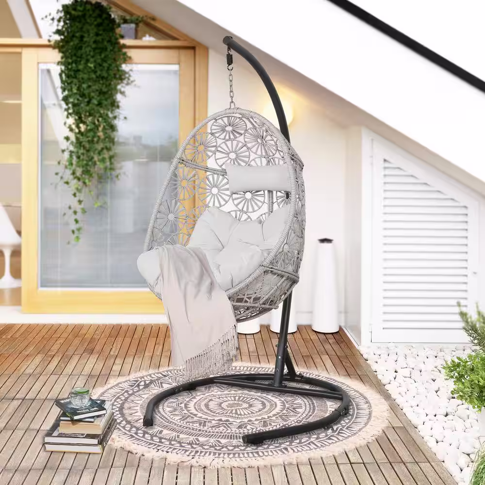 None Outdoor Wicker Egg Hanging Hammock Chair with Cushion and Stand