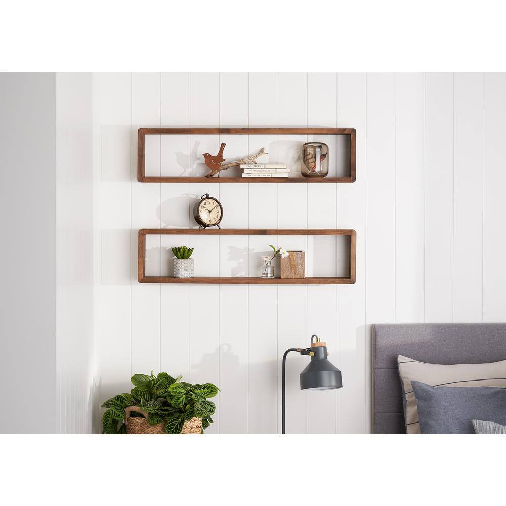 None 4 in. x 32 in. x 8 in. Walnut Stackable Floating Wall Shelves (Set of 2)