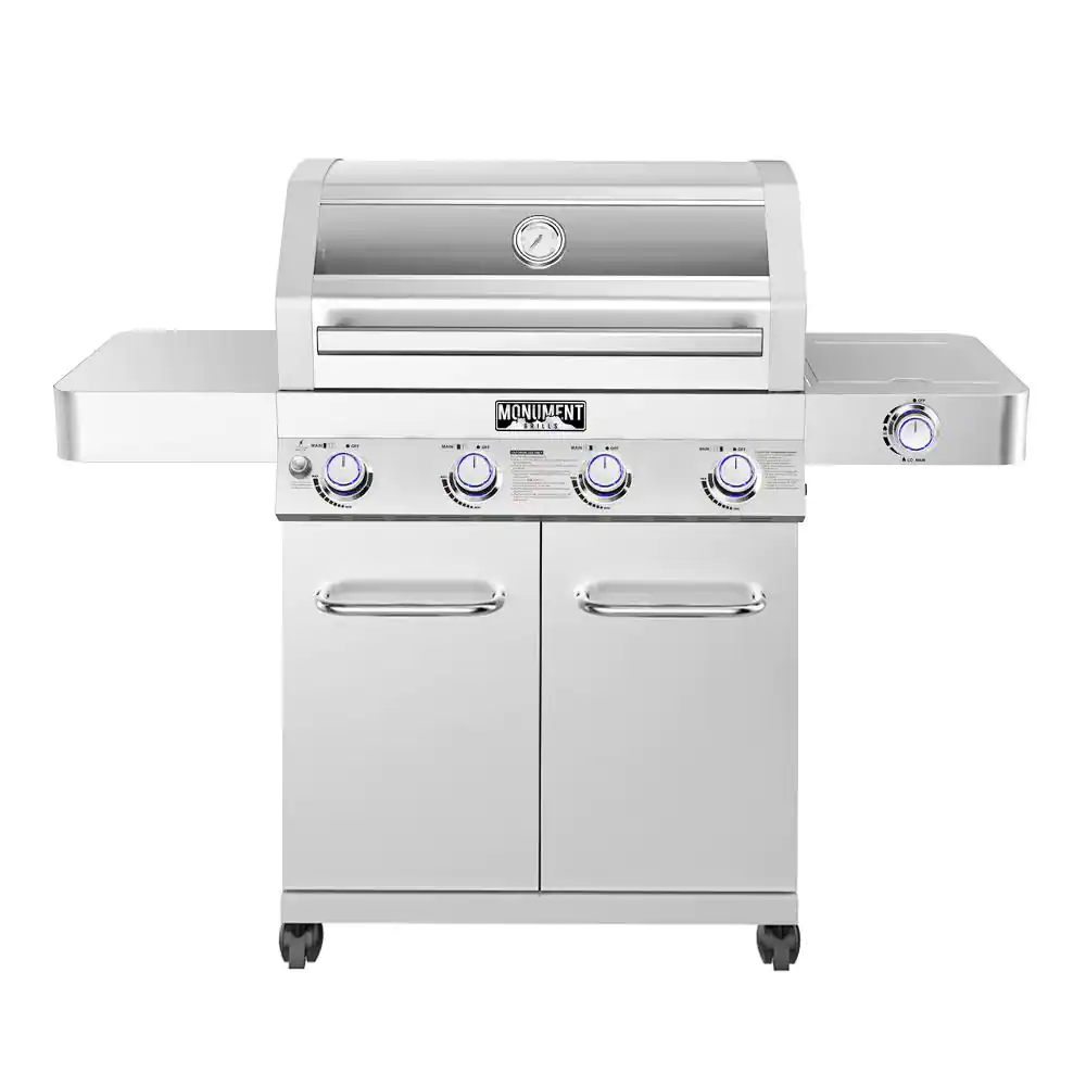 Monument Grills 4-Burner Propane Gas Grill in Stainless with Clear View Lid, LED Controls and Side Burner