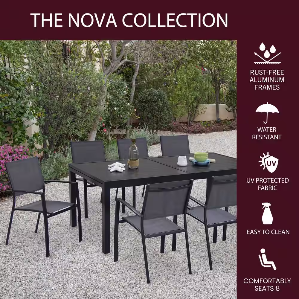 Cambridge Nova 9-Piece Dining Set w/ Expandable Table, 8 Sling Stackable Chairs, Modern Outdoor, Weather-Resistant Aluminum Frames