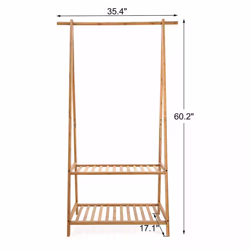 None Natural Bamboo Garment Clothes Rack with Shelves 35.4 in. W x 60.2 in. H