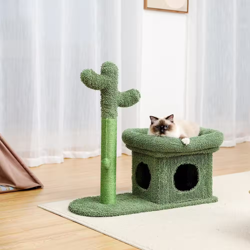 None 27.6 in. with Cactus Scratching Posts, Creative Scratching Posts, Stylish Cat Tree, with Ball and Cat House Green