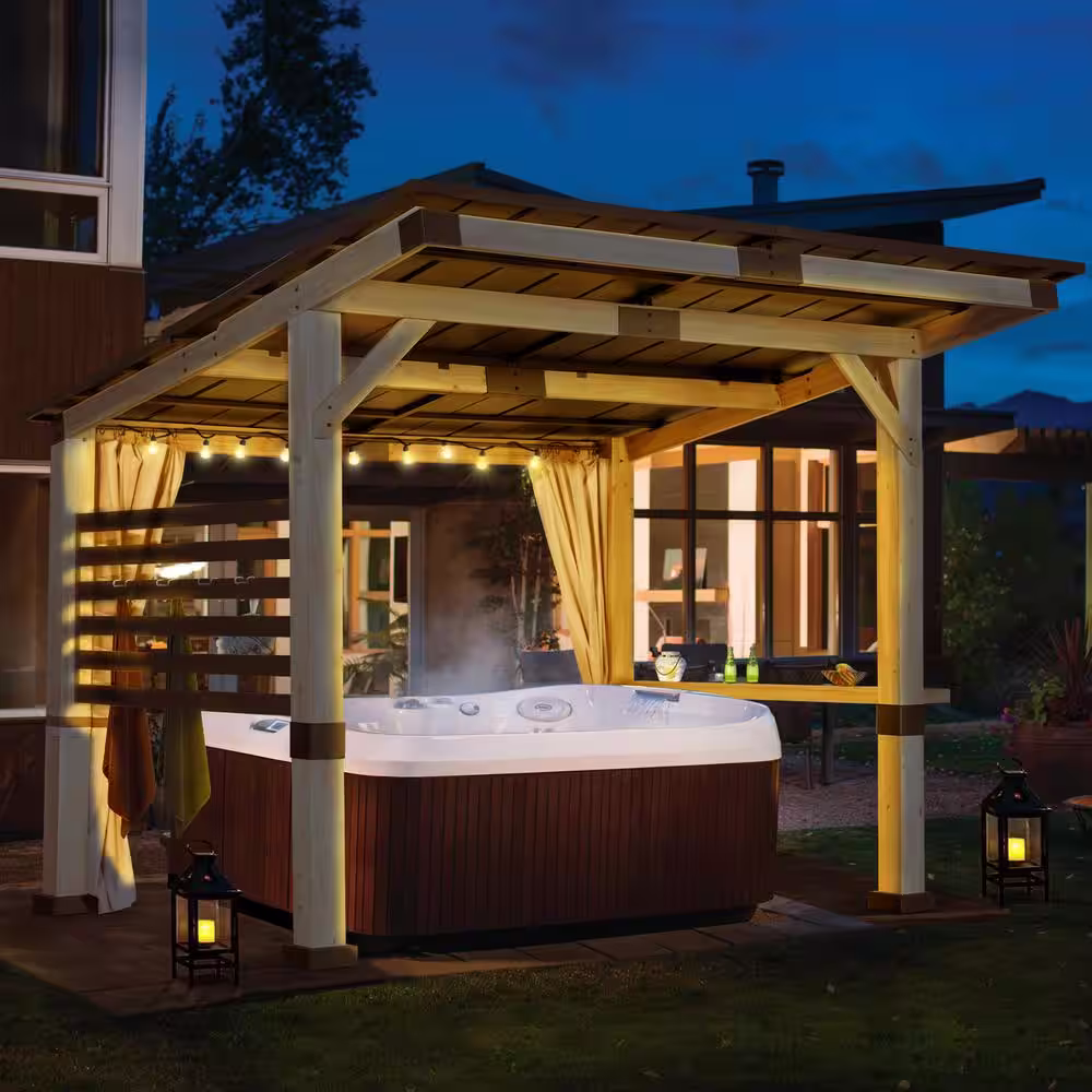None 12 ft. x 10 ft. Solid Cedar Wood Outdoor Patio Gazebo with Galvanized Steel Roof, Privacy Curtain and Ceiling Hook