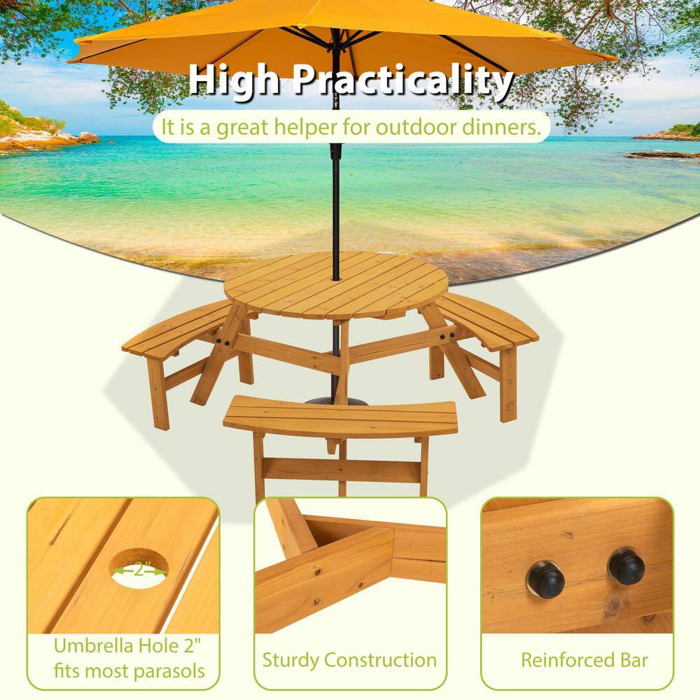 None 6-Person Patio Solid Wood Picnic Table Set with 2 Inch Umbrella Hole