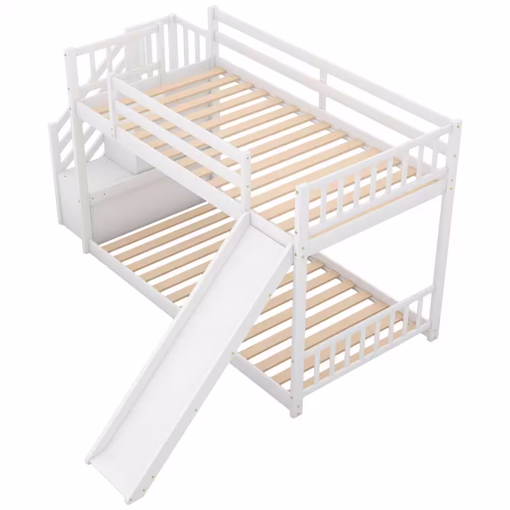 Harper & Bright Designs White Twin Over Twin Bunk Bed Daybed with Slide and Stairway