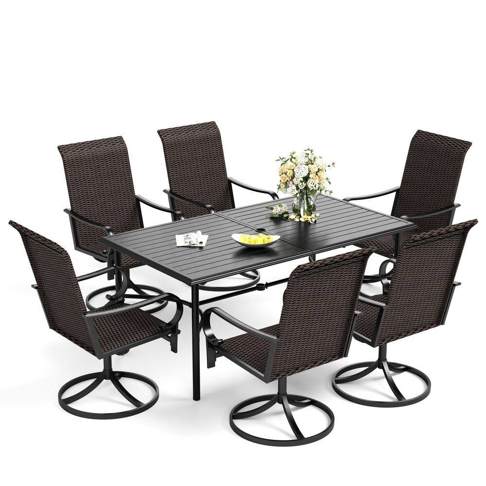 None 7-Piece Metal Outdoor Dining Set with Slat Table-top and Curved Armrest High-Back Rattan Swivel Chairs