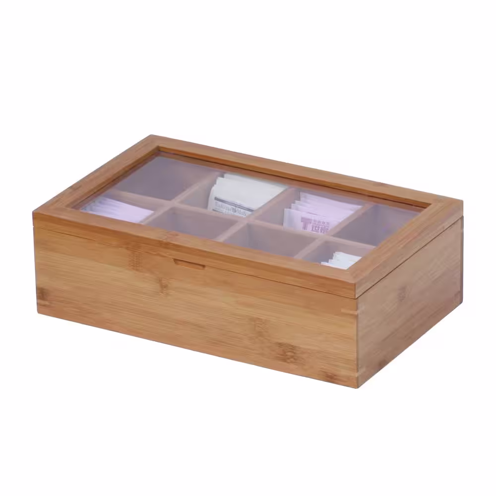 Oceanstar 8-Compartment Bamboo Tea Box with Hinged Lid