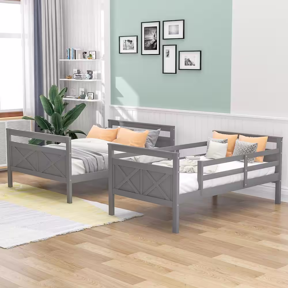 Harper & Bright Designs Gray Twin Over Full Wood Bunk Bed with Ladder