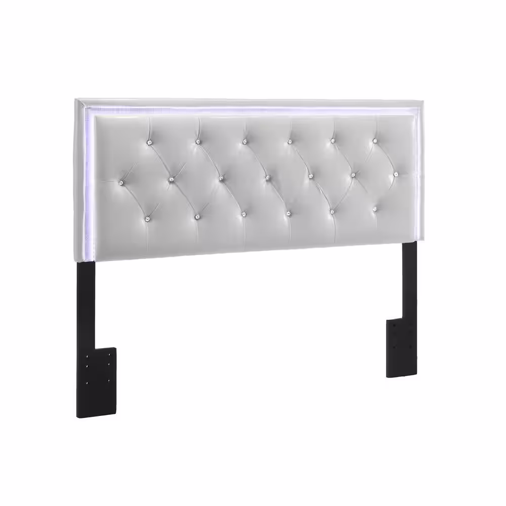 Best Quality Furniture Daisy 64 in. W White Queen/Full Faux Leather Upholstered Headboard with LED Lights and Faux crystals