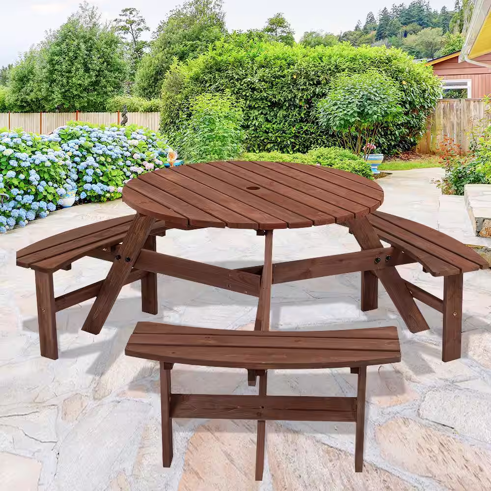 None 66.92 in. W 6-Person Brown Circular Solid Wood Outdoor Wooden Picnic Table w/3 Built-In Benches for Backyard, Garden