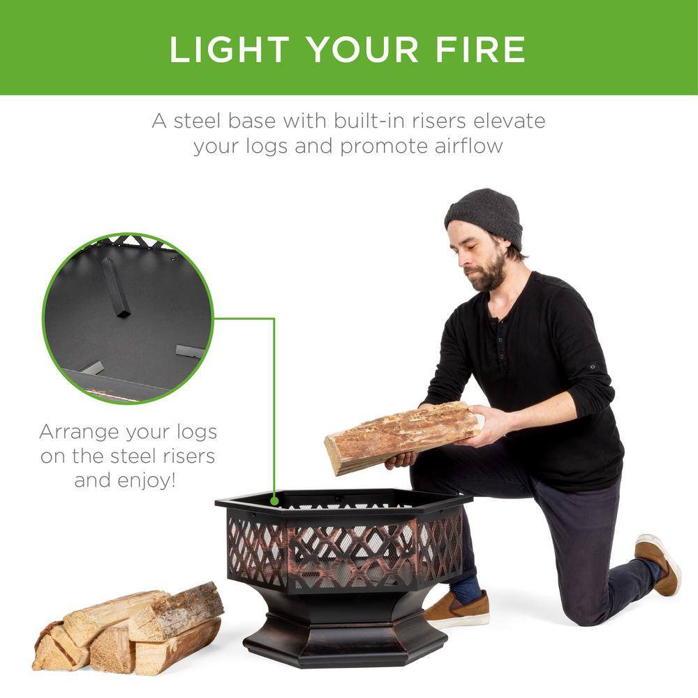 Best Choice Products 24 in. x 24 in. x 8.5 in. Hexagon Steel Wood Fire Pit with Mesh Lid