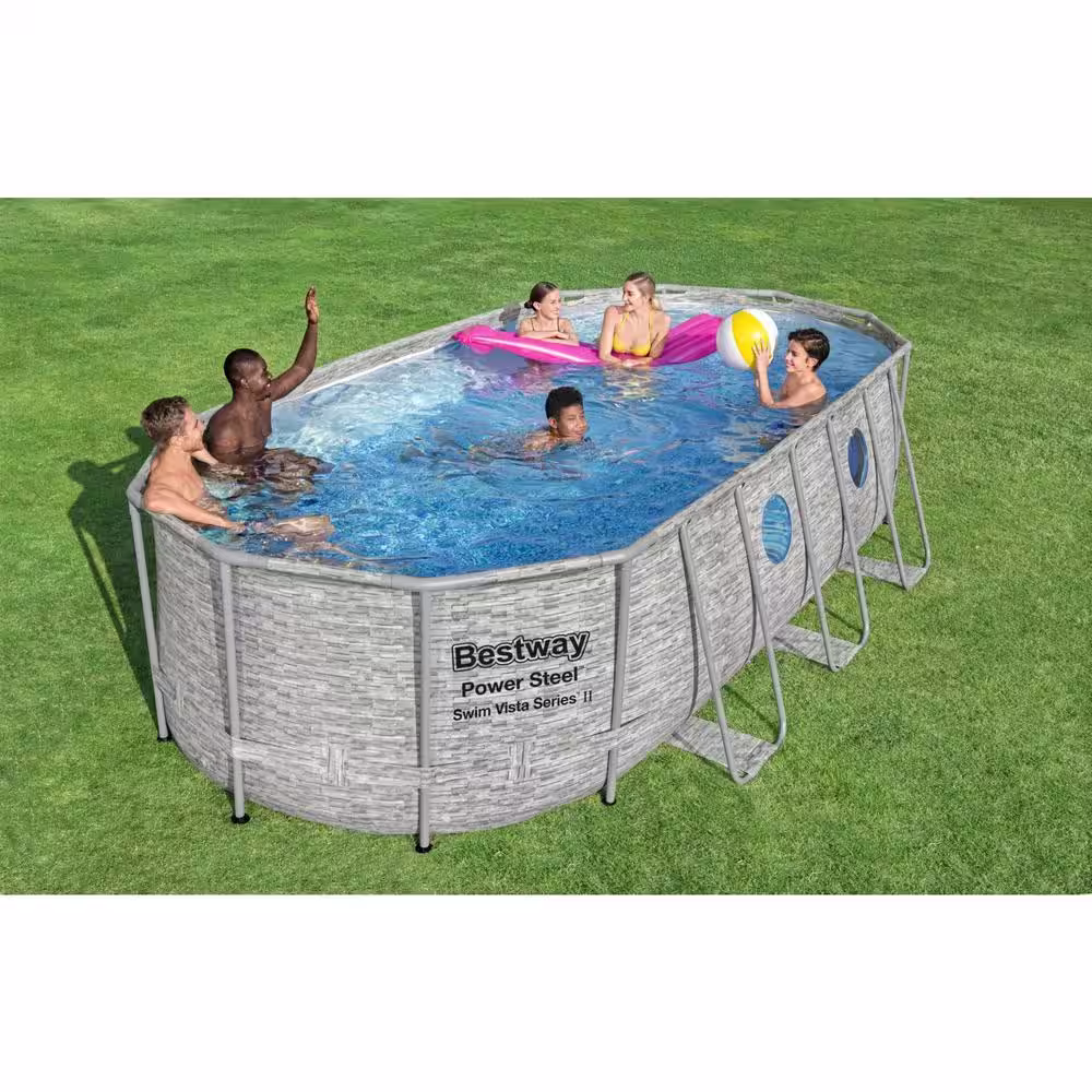 Bestway Swim Vista 18 ft. x 9 ft. Oval 48 in. Deep Metal Frame Above Ground Swimming Pool Set