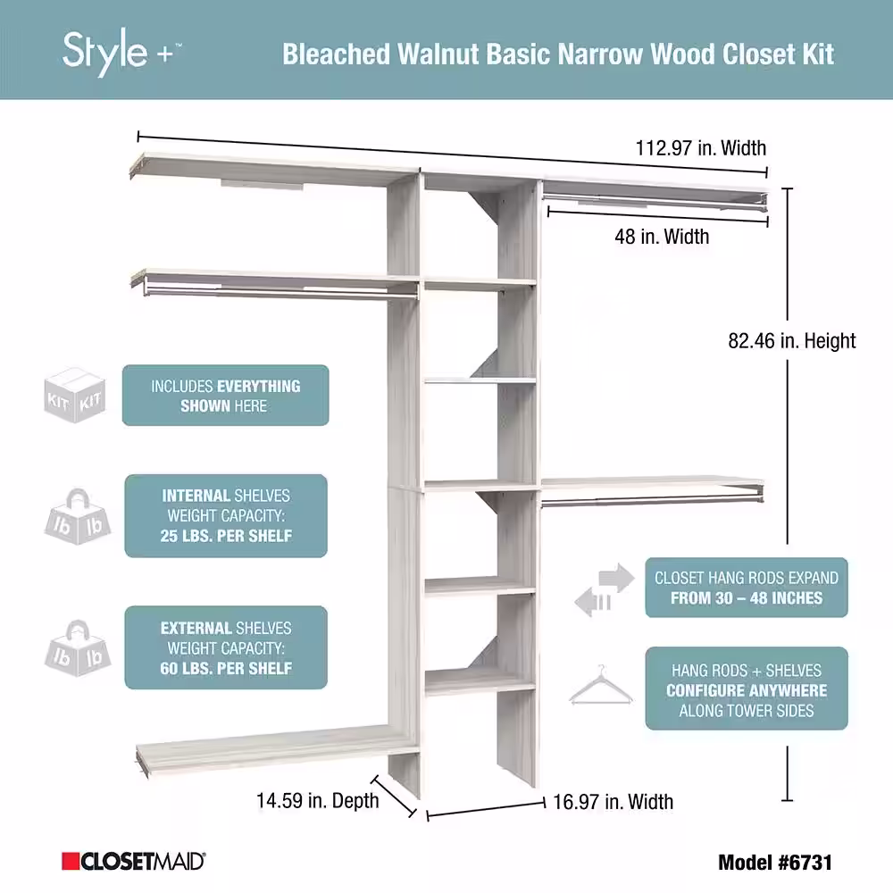 ClosetMaid Style+ 64.9 in W - 112.9 in W Bleached Walnut Basic Narrow Wood Closet System Kit