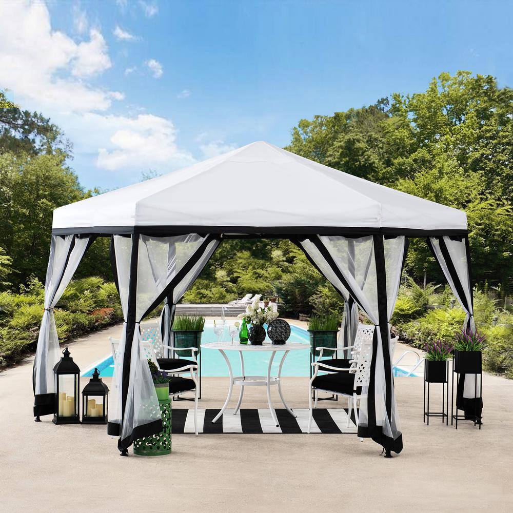 Sunjoy Bushwick 11 ft. x 11 ft. White and Black 2-Tone Pop Up Portable Hexagon Steel Gazebo with Mosquito Netting