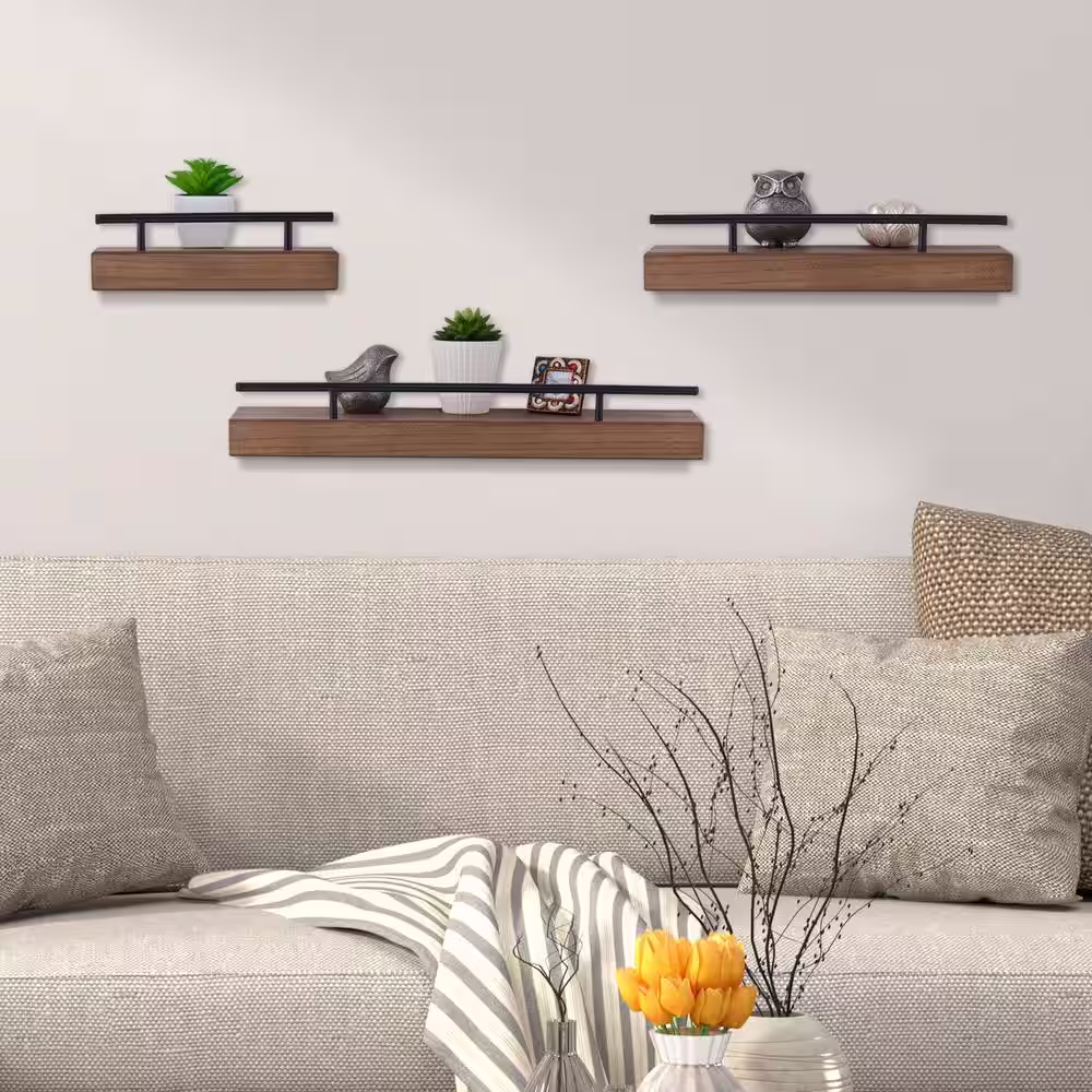 Melannco Set of 3-Natural Floating Shelves with Metal Rail, 12 in. 18 in. 24 in.
