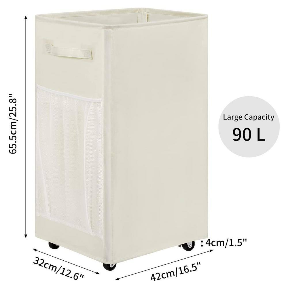 None 90 L Fabric Laundry Basket Hamper with Wheels Beige