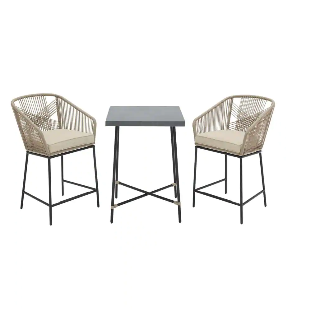 Hampton Bay Haymont 3-Piece Steel Wicker Outdoor Bistro Set with Beige Cushions
