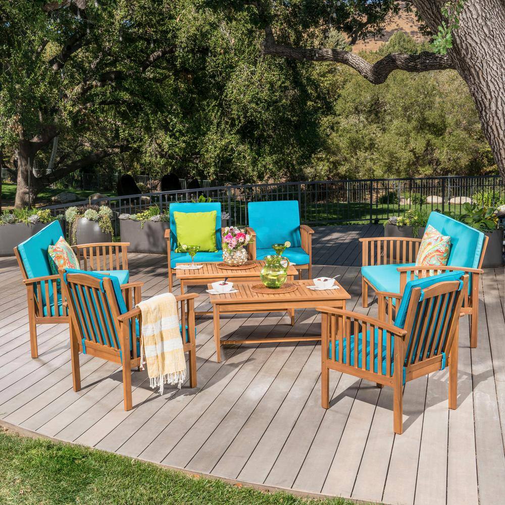 Noble House Thalia Brown 8-Piece Wood Patio Conversation Set with Teal Cushions