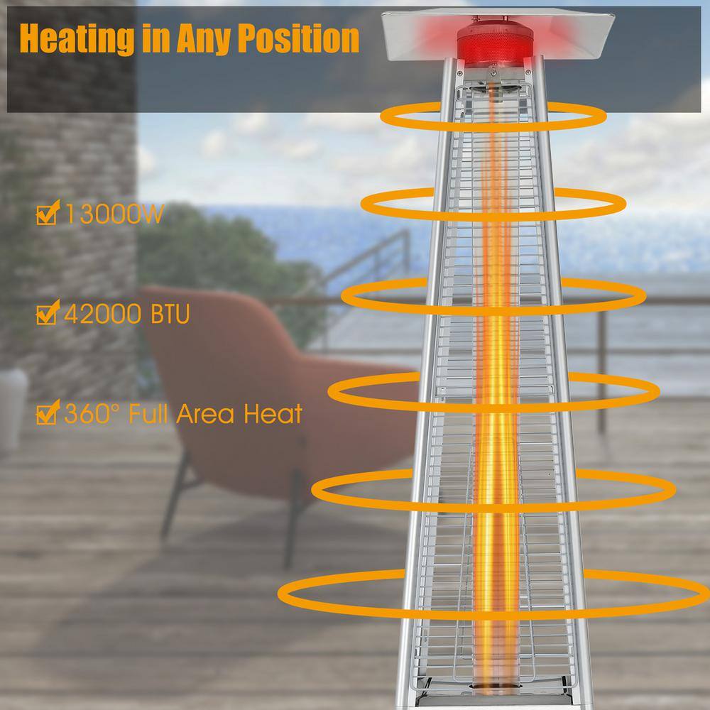 Costway 42000 BTU 90 in. Tall Residential Pyramid Patio Heater Quartz Glass Tube Silver Flame Heating with Wheel