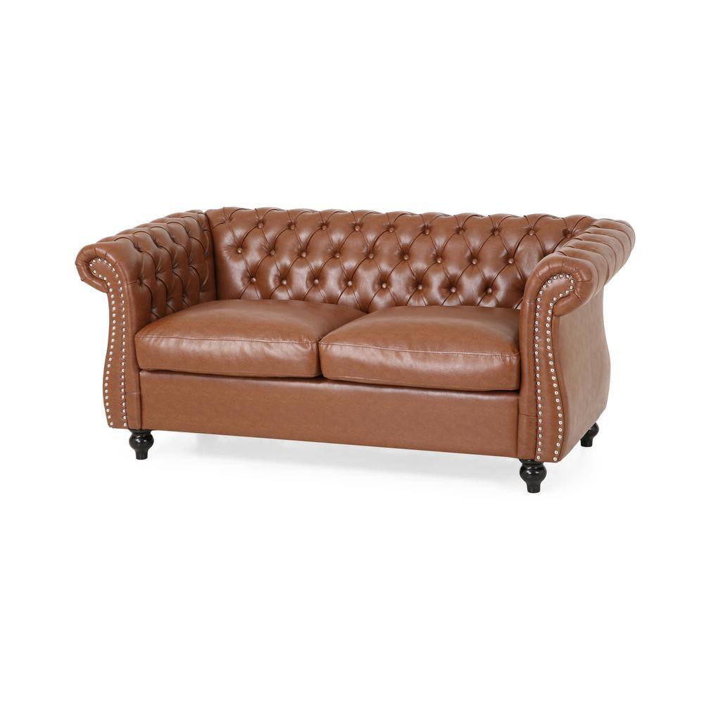 Noble House Silverdale 61.75 in. Cognac Brown Solid Faux Leather 2-Seat Loveseats with Nailhead