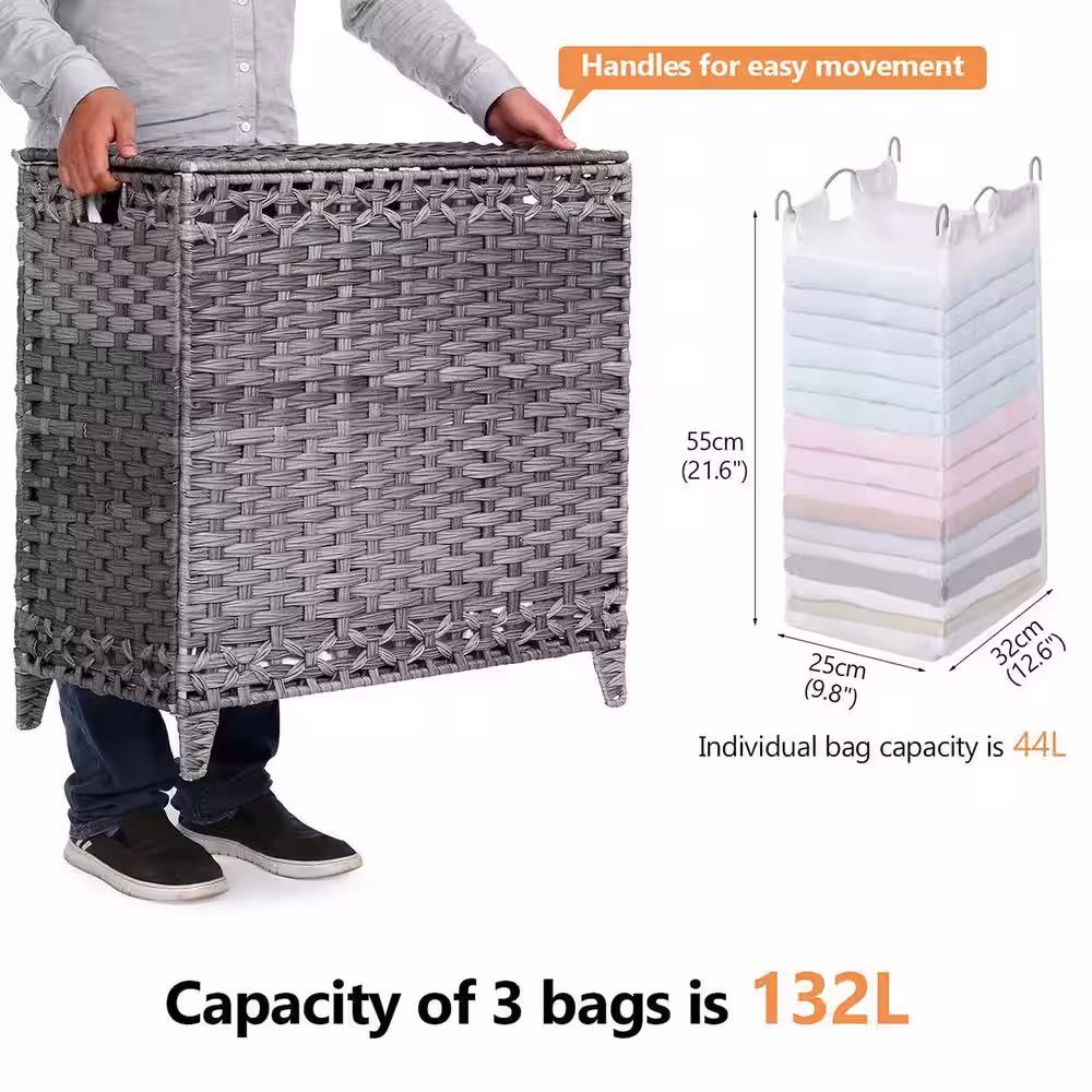 None 132 L Plastic Rattan Laundry Basket Hamper with Lid Gray