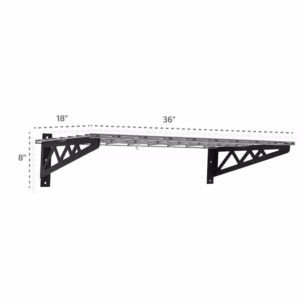 None 18 in. D x 36 in. W x 8 in. T Hammertone Grey Heavy-Duty Steel Wall Mounted Shelves Includes 2-Shelves and 4-Hooks