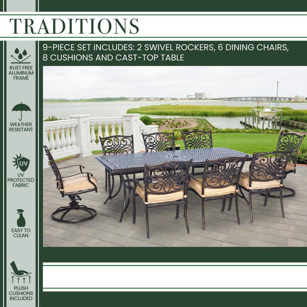 Hanover Traditions 9-Pc Aluminium Rectangular Patio Dining Set with Six Dining Chairs, Two Swivel Rockers & Natural Oat Cushions