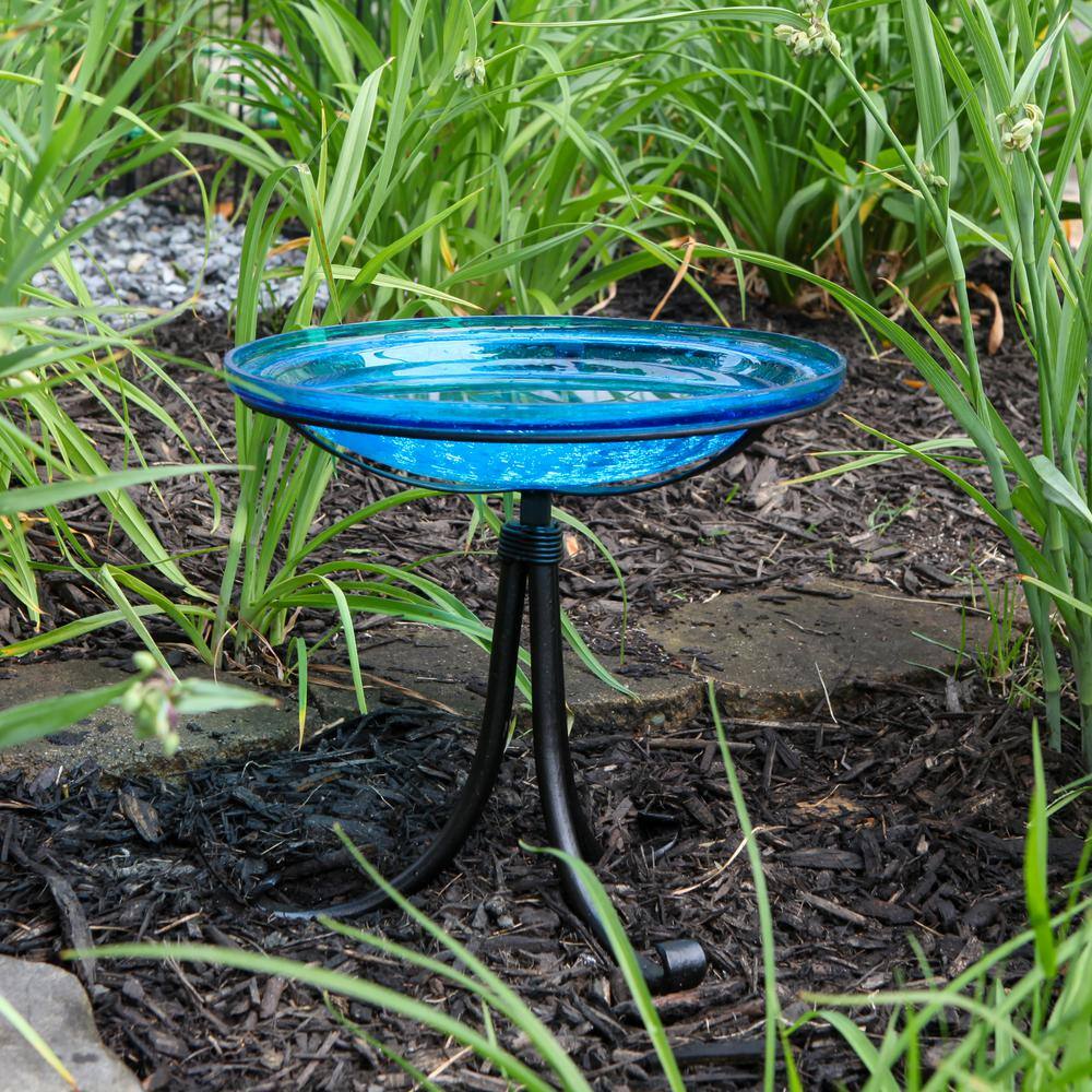ACHLA DESIGNS 14 in. Dia Round Teal Blue Crackle Glass Birdbath with Black Wrought Iron Tripod Stand