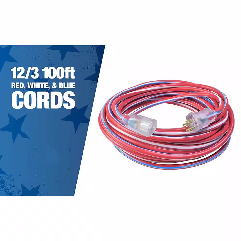 Southwire 100 ft. 12/3 SJTW USA Outdoor Heavy-Duty Extension Cord with Power Light Plug