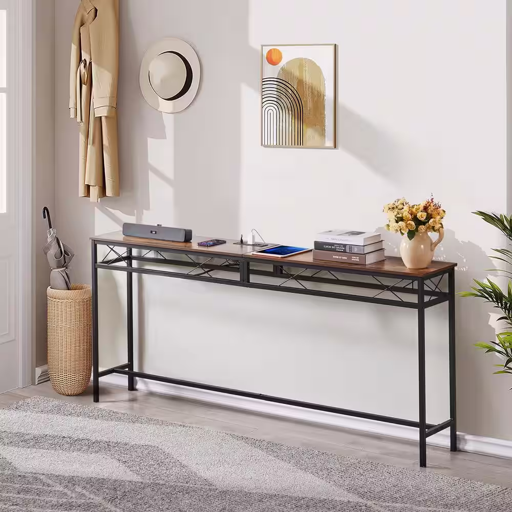 VECELO 71 in. Narrow Sofa/Console Table with Charging Station and Power Outlet and USB Ports, Metal Frame, Brown