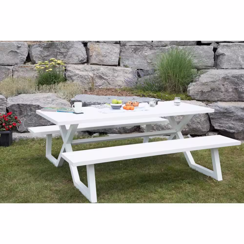 None Banquet White Rectangle Aluminum Picnic Table with Attached Bench Seating