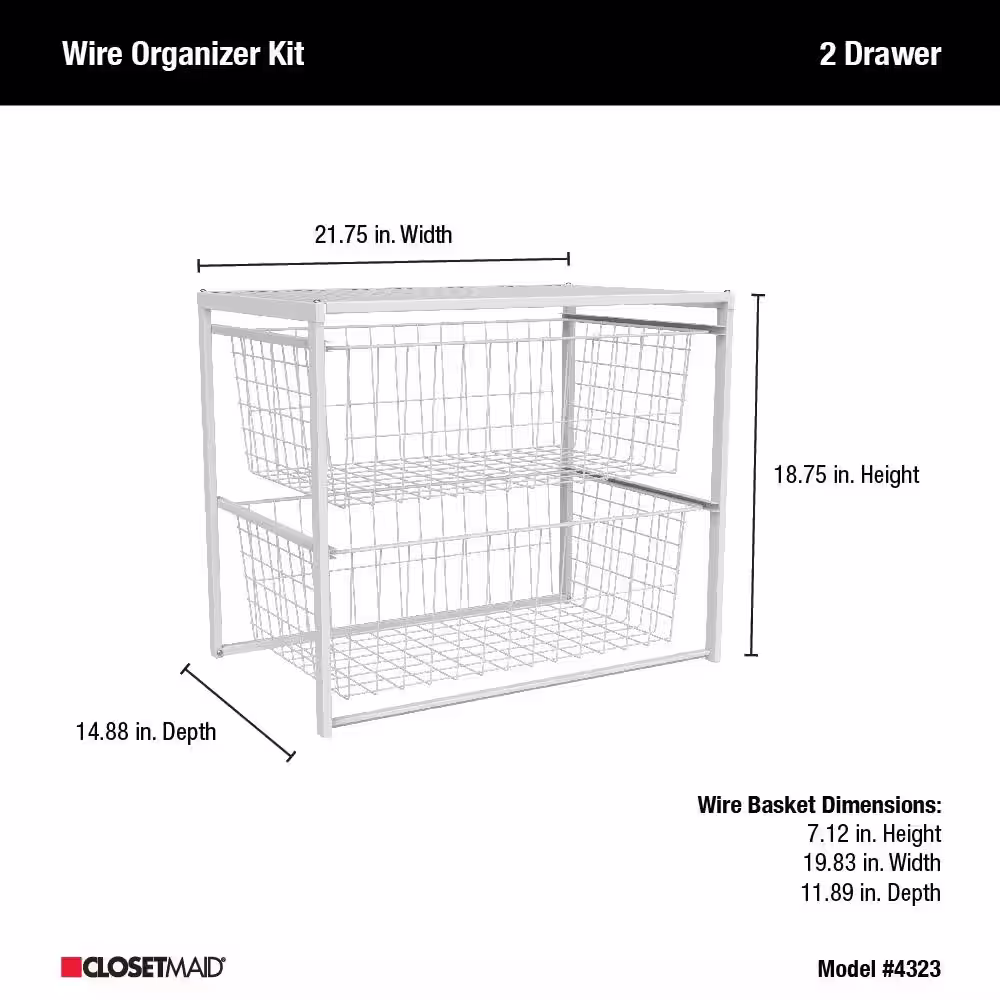 ClosetMaid 18.54 in. H x 21.75 in. W White Steel 2-Drawer Close Mesh Wire Basket