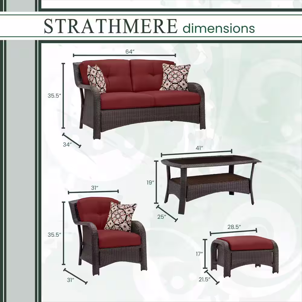 Hanover Strathmere 6-Piece All-Weather Wicker Patio Seating Set with Crimson Red Cushions, 4 Pillows, Coffee Table