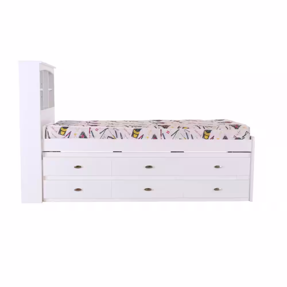 OS Home and Office Furniture Mission White Casual White Twin Sized Captains Bookcase Bed with 6-Drawers