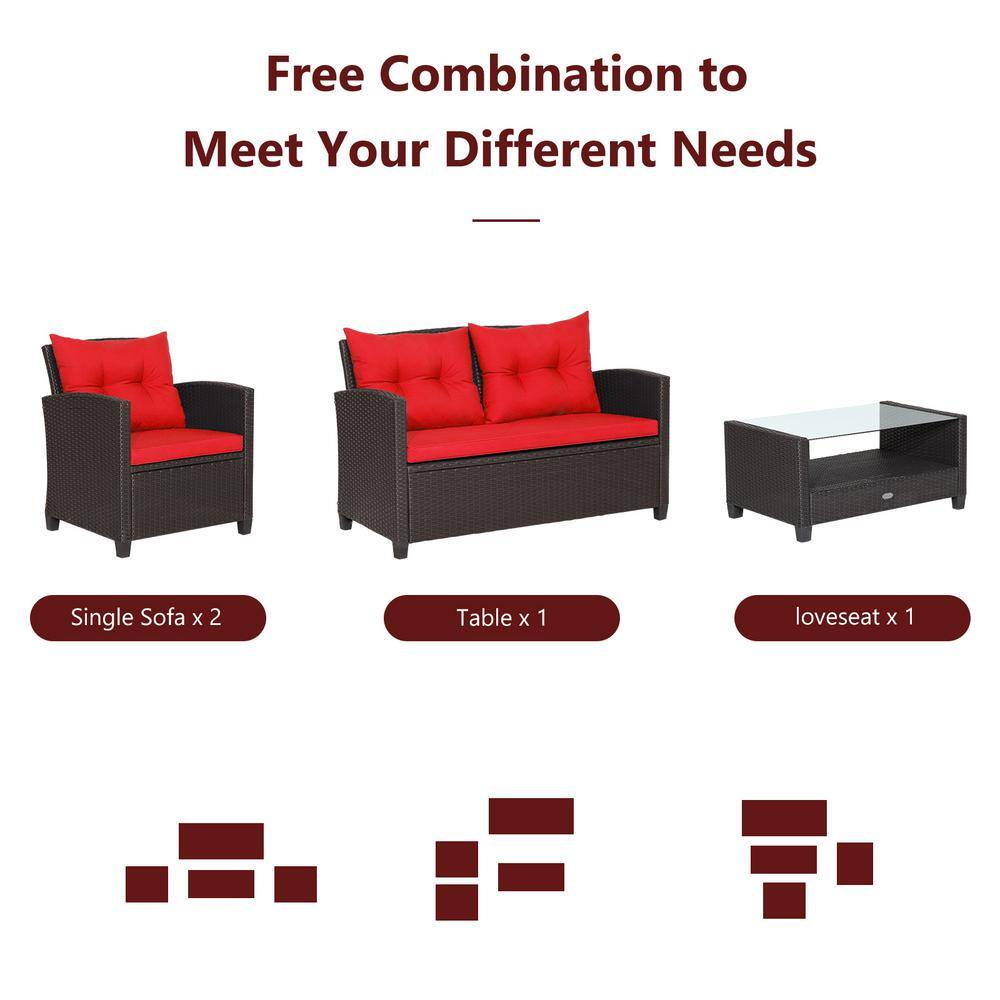None 4-Piece Wicker Patio Conversation Set Chair Coffee Table Classic Furniture Set with Red Cushions