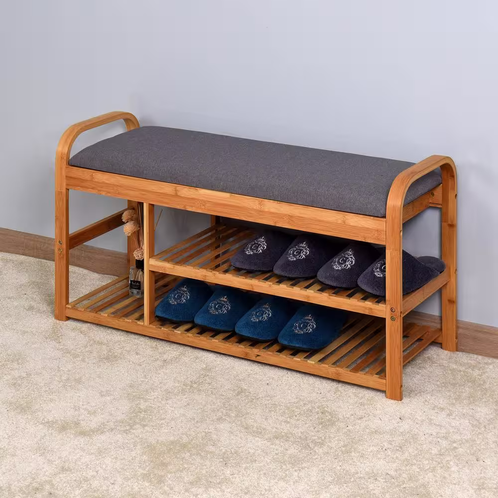 aisword Living Room Bamboo Storage Bench, Entryway 3 Shelves Bench with Flip Storage Compartment