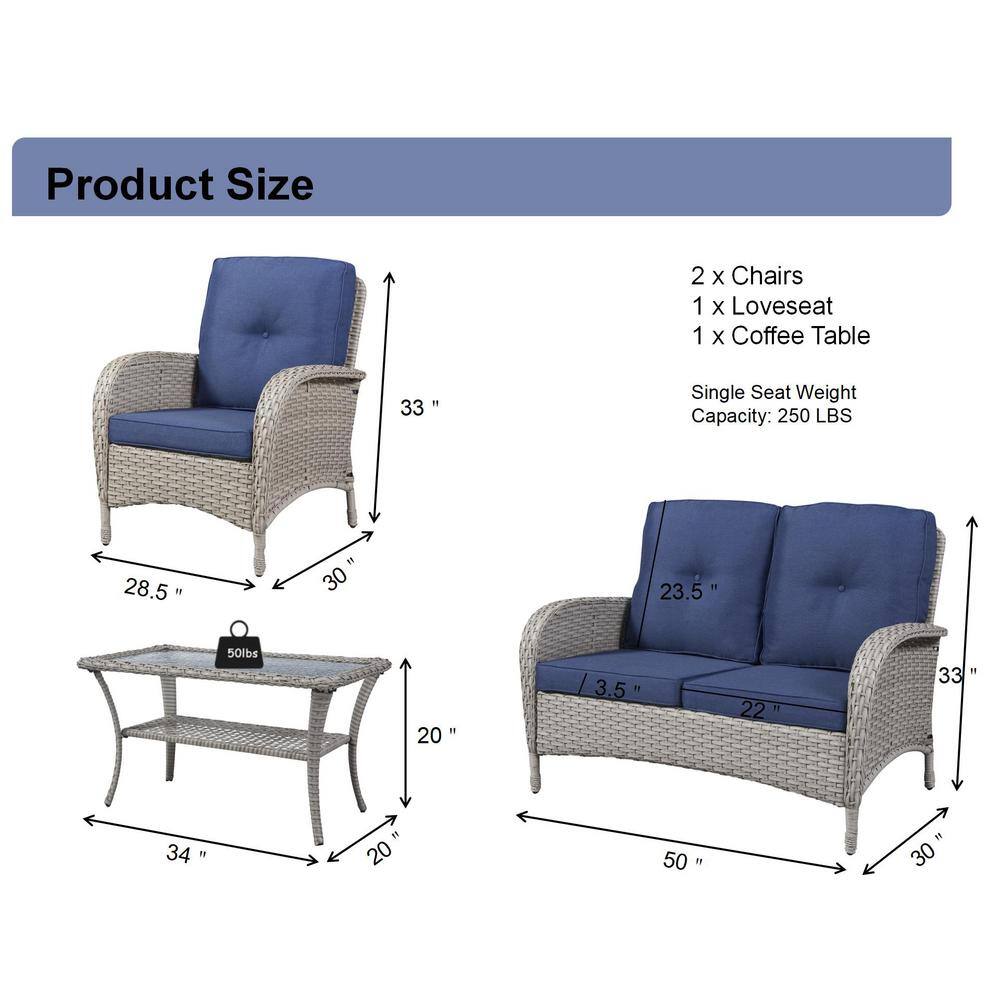 Gymojoy Carlos Grey 4-Piece Wicker Patio Conversation Set with Blue Cushions