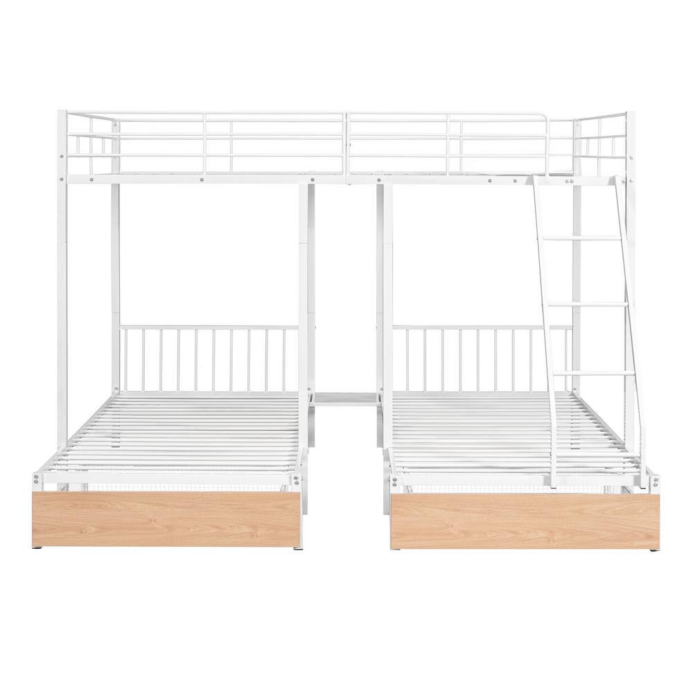Harper & Bright Designs White Full over Twin and Twin Metal Triple Bunk Bed with 2 Built- in Shelves, 2-Drawers and Ladder